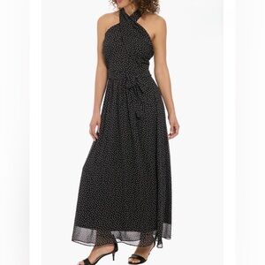 London Times Black and White Polka Dot Halter Neck Chiffon Maxi Dress NWT 12